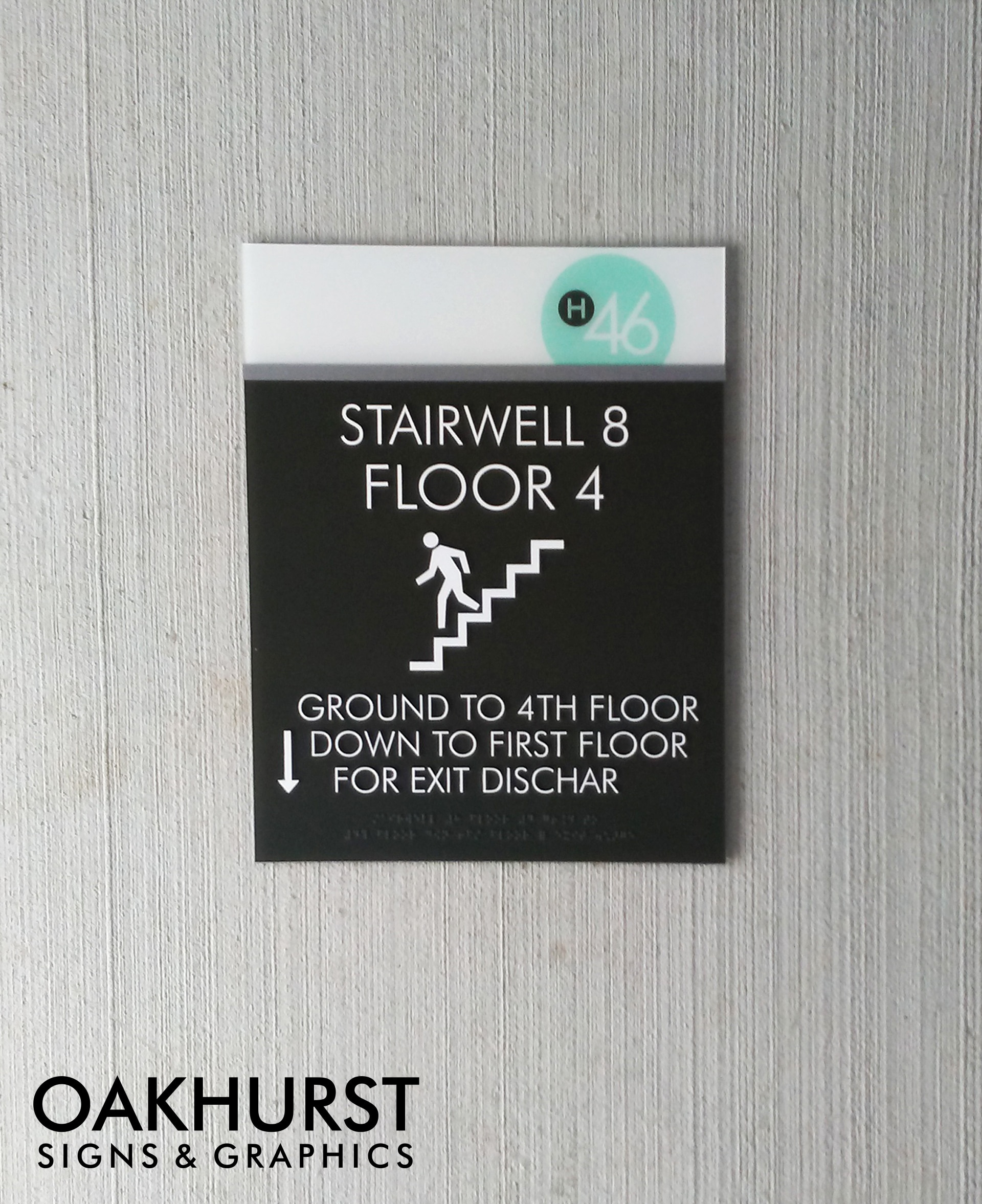 ADA signage of stairwell matching Haven 46 branding