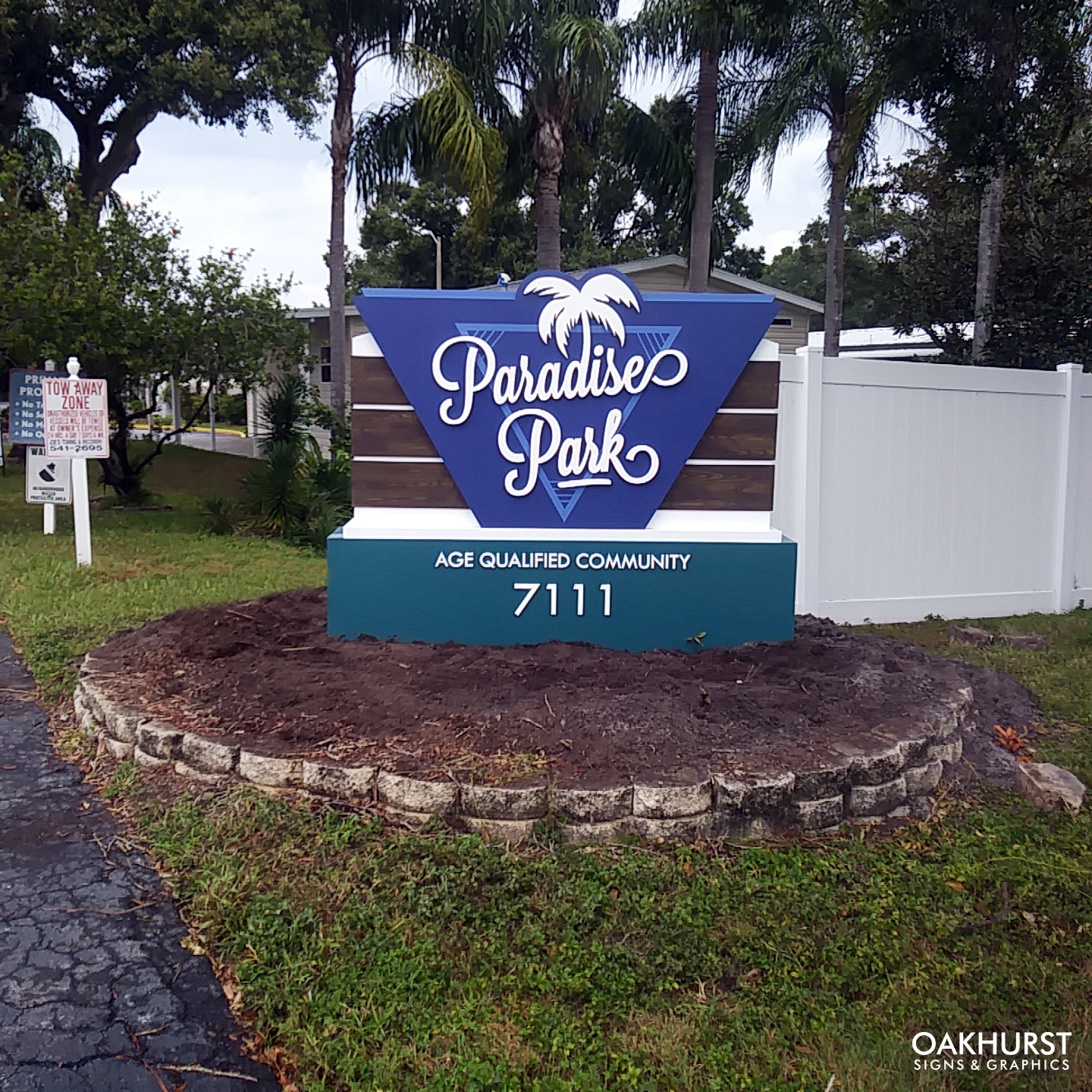 Front view of Paradise Park monument signage before landscaping