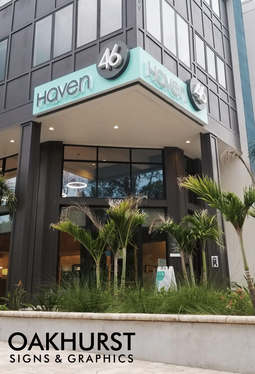 Closer view of Haven 46 Wall sign above entry way