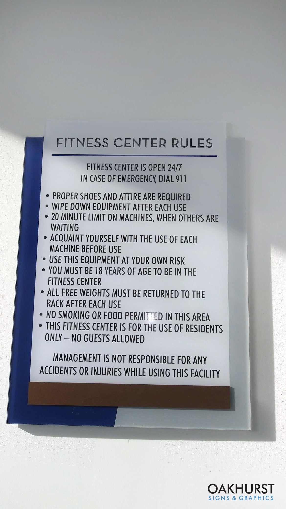 Informational wall sign for Fitness Center Rules matching Princeton Park branding