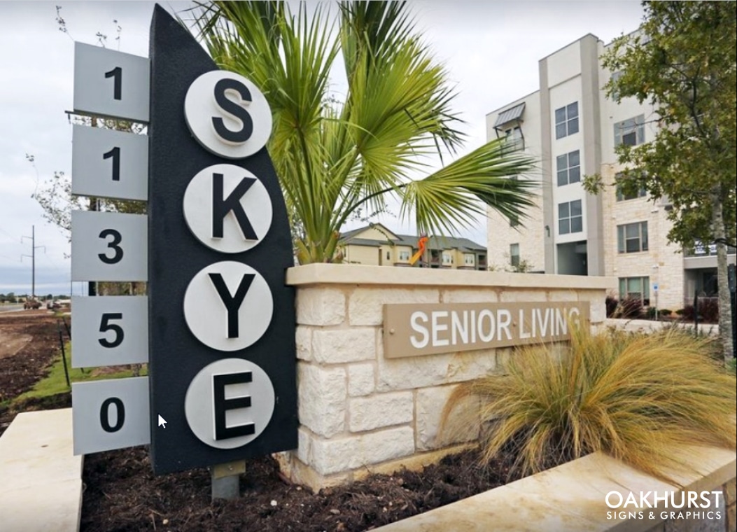 Closer view of Skye Senior Living monument signage