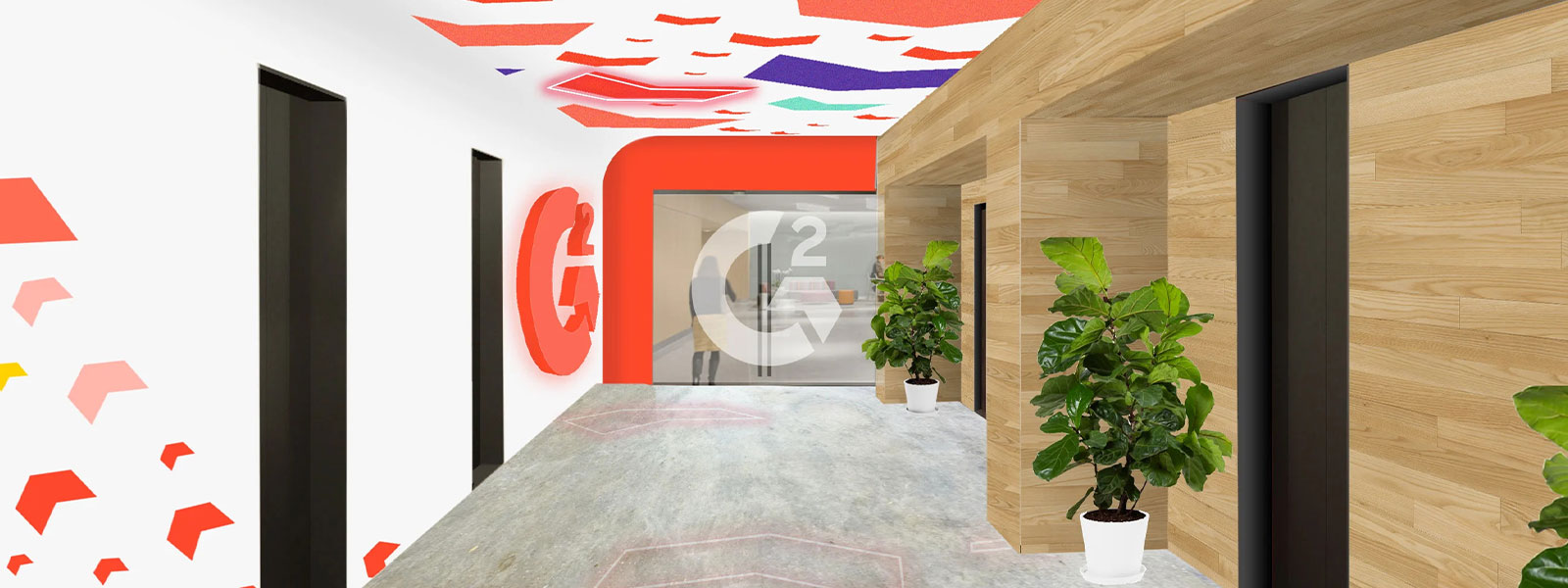 Hallway enhanced by environmental graphic design, interactive arrows on walls and ceiling